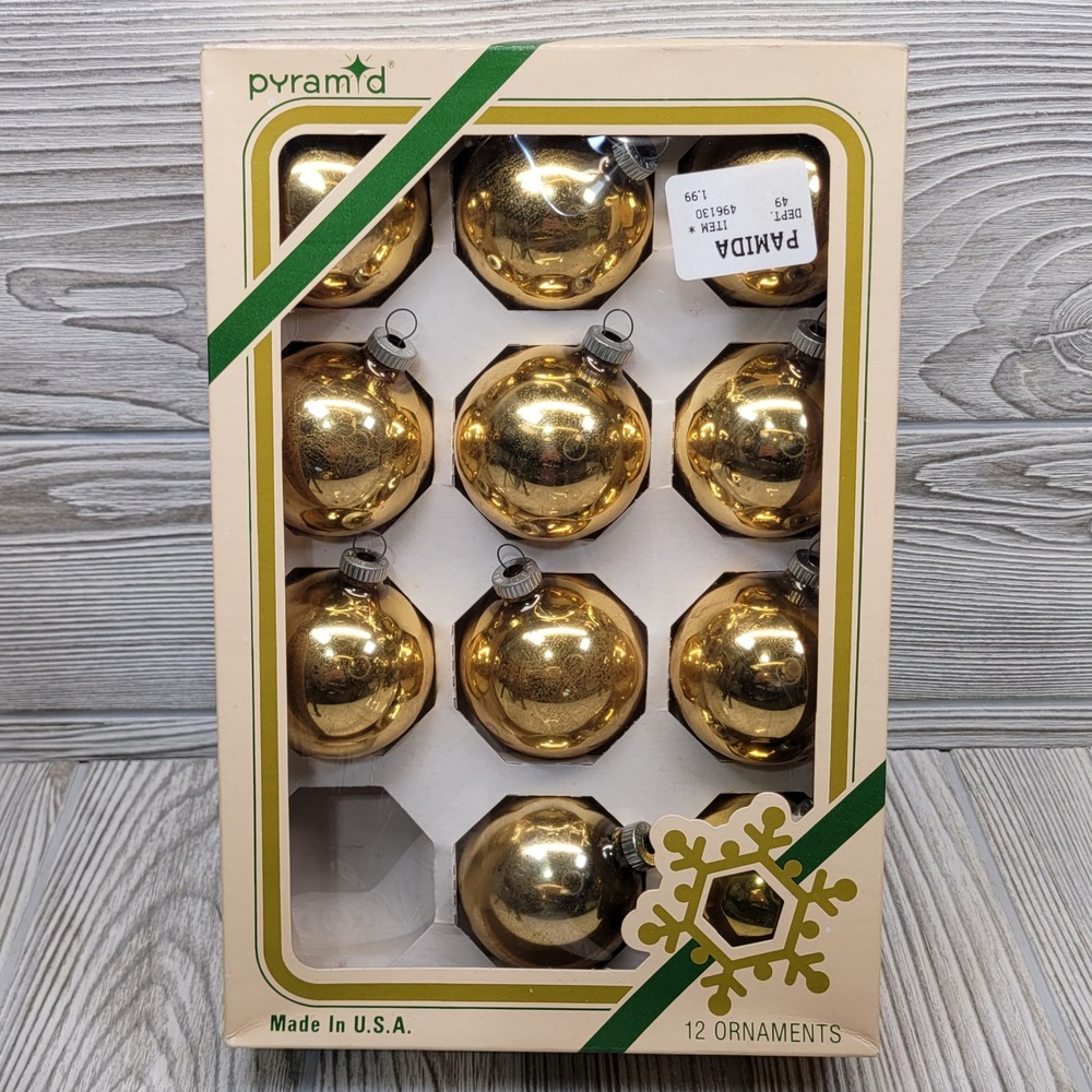 11 Gold Shiny Brite Christmas Tree‎ Ornaments Made USA Christmas Pyramid Box MCM